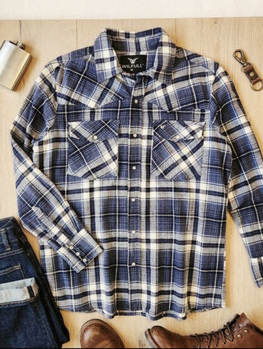 Wilfull Men’s Blue Plaid Flannel Western Shirt Pearl Snap Long Sleeve Size M